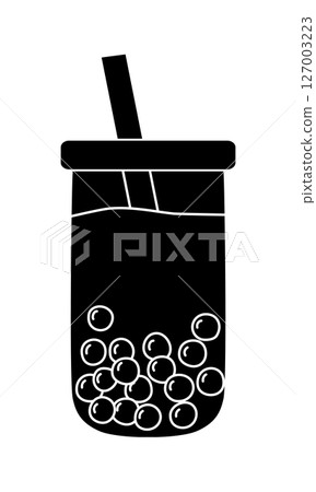 Black silhouette of rounded glass with bubble tea boba pearls straw, glyph icon vector 127003223