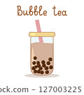 Bubble tea showing boba and pink straw in glass jar with yellow lid, with lettering 127003225