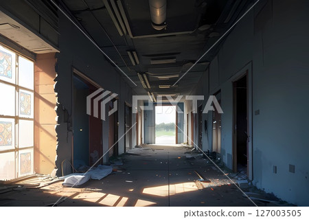 Game background: Horror-style abandoned building corridor dungeon Game background: Horror-style abandoned building corridor dungeon 127003505