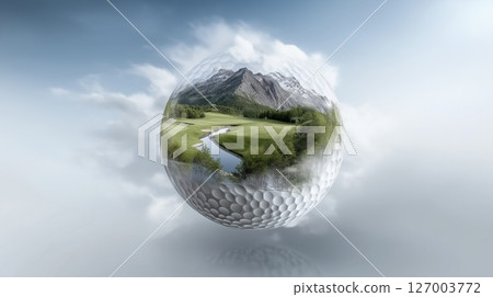 Fantasy golf landscape inside a golf ball with mountains and forest, conceptual sport illustration 127003772
