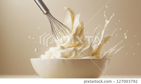 Whipping Cream Process. Airy Peaks in Ceramic Bowl (Close-Up) Whipping Cream Process. Airy Peaks in Ceramic Bowl (Close-Up) 127003792