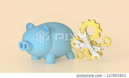 The Blue Piggy Bank and Gear for  Earn or Saving concept 3d Rendering. The Blue Piggy Bank and Gear for  Earn or Saving concept 3d Rendering. 127003952