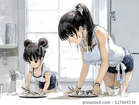 孩子與母親一起上菜的插畫素材 127004130