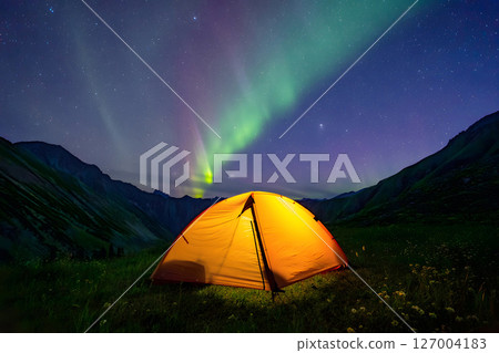 Aurora Borealis Over Mountain Camping Tent Aurora Borealis Over Mountain Camping Tent 127004183