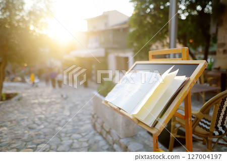 National cafe tables on the street of the Old Bar Town in Montenegro National cafe tables on the street of the Old Bar Town in Montenegro 127004197
