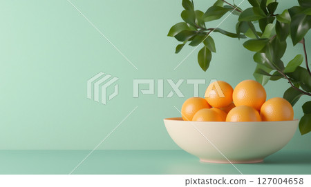 Bright Orange Oranges in a White Bowl with Fresh Green Leaves Bright Orange Oranges in a White Bowl with Fresh Green Leaves 127004658