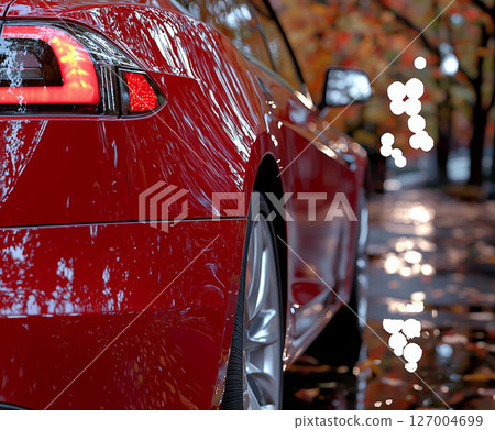 Shiny Red Sports Car in a Vibrant Showroom Shiny Red Sports Car in a Vibrant Showroom 127004699