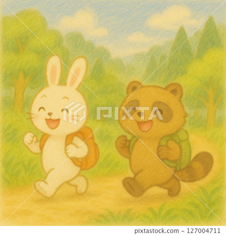 Summer illustration of a rabbit and a raccoon hiking on a mountain trail 127004711