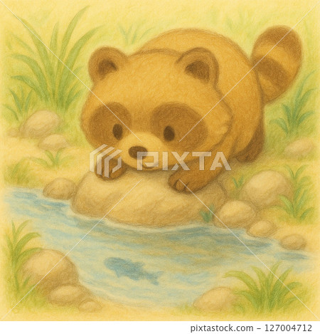 Summer illustration of a raccoon watching fish by the river 127004712