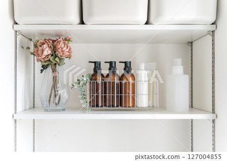 Shampoo, conditioner, body soap, and bath products on the shelf Shampoo, conditioner, body soap, and bath products on the shelf 127004855