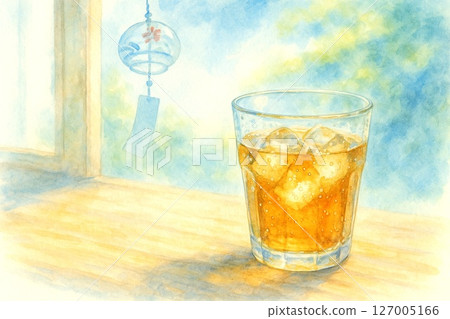 夏季圖像配件插圖水彩風格風景與冷飲 127005166