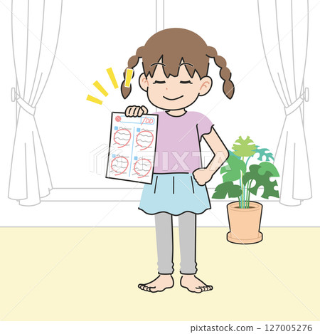 一個女孩在客廳炫耀她完美的考試成績 127005276