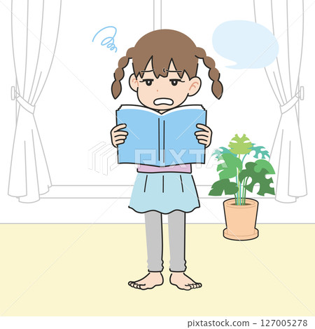 A girl reluctantly reading a textbook aloud in the living room 127005278