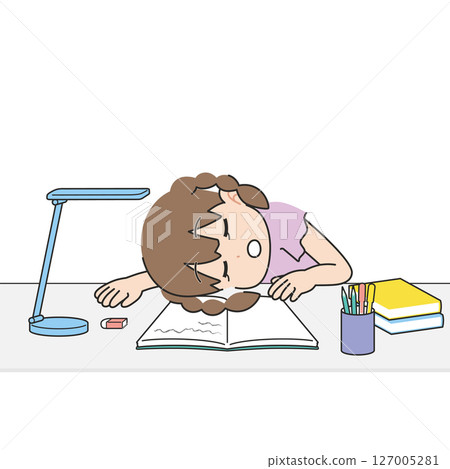 女孩在書桌前學習時打瞌睡 女孩在書桌前學習時打瞌睡 127005281