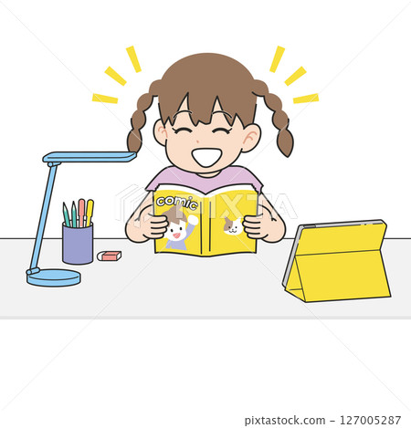 一個女孩跳過學習，閱讀漫畫——在平板電腦上學習 127005287