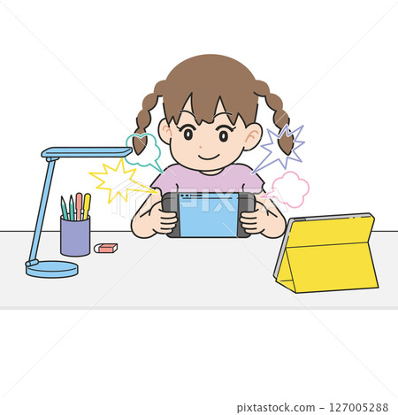 女孩跳過學習和玩遊戲平板電腦學習 127005288