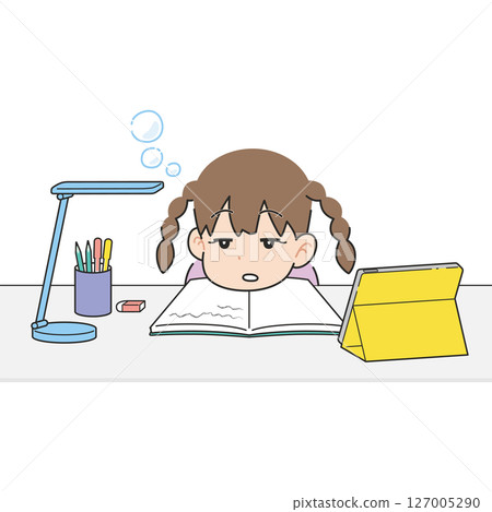 一個女孩在書桌前學習,看著平板電腦,很睏 一個女孩在書桌前學習,看著平板電腦,很睏 127005290