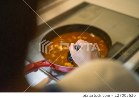 Cooking curry in a frying pan 127005620
