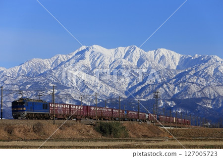 愛之風富山鐵道的EF510次貨運列車以立山為背景行駛 127005723