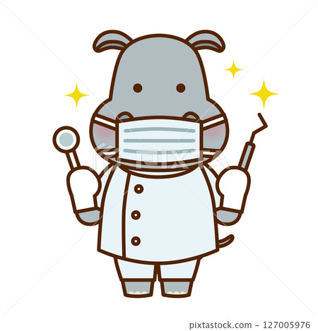 Cute illustration of a dentist hippo (mask and white coat) 127005976