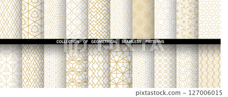 Geometric set of seamless golden and white patterns. Simple vector graphics Geometric set of seamless golden and white patterns. Simple vector graphics 127006015