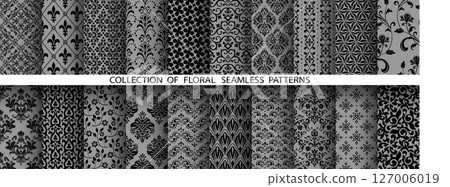 Geometric floral set of seamless patterns. White and black vector backgrounds. Damask graphic ornaments. Geometric floral set of seamless patterns. White and black vector backgrounds. Damask graphic ornaments. 127006019