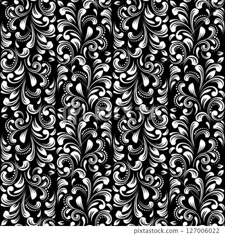 Flower pattern. Seamless white and black ornament. Graphic vector background. 127006022