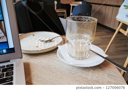 Laptop is on a table with a plate of food and a glass of milk 127006076