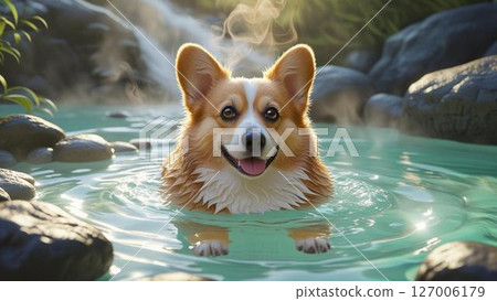 柯基在露天浴池洗澡 127006179