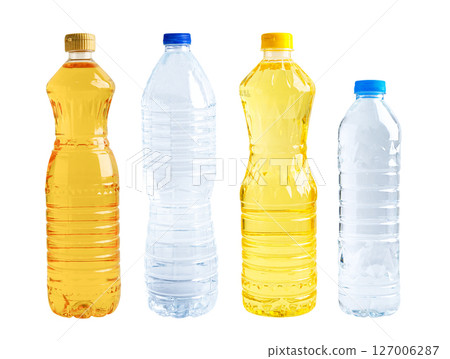 Vegetable oil and water in bottle isolated on white background. 127006287