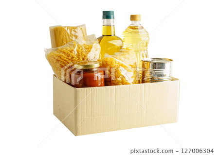 Foodstuffs in donation box for volunteer to help people. 127006304