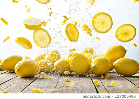Fresh Lemon Slices Falling on Rustic Wooden Table with Water Splash Background 127006490