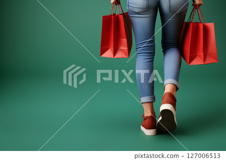 Woman in Casual Outfit Holds Shopping Bags After a Fun Day of Shopping with Paper Packages 127006513