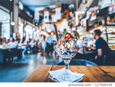 Image of a mountain of frozen yogurt served at a cafe 127006546