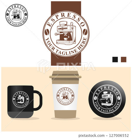 Coffee shop logo, Espresso coffee machine logo template, Coffee machine equipment vector, Retro badge coffee bean and machine logo vector design 127006552