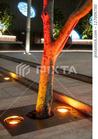 Floor recessed uplight, light up the tree at night. Urban lighting for public space 127006780