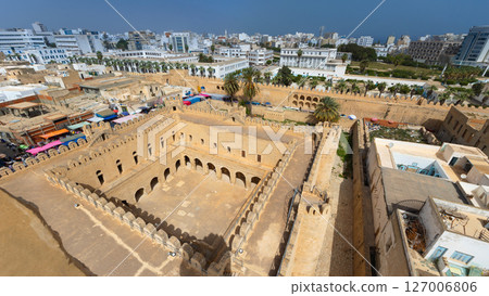 View from tower at Ribat of Sousse to courtyard and cityscape, Tunisia View from tower at Ribat of Sousse to courtyard and cityscape, Tunisia 127006806