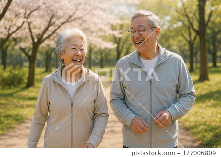 Senior couple walking along the cherry blossom lined street 127006809