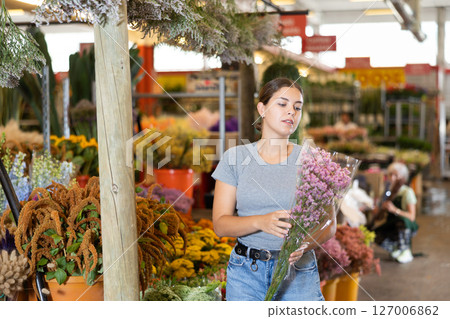 Young woman customer choosing bundle of limonium in open-air plants market Young woman customer choosing bundle of limonium in open-air plants market 127006862