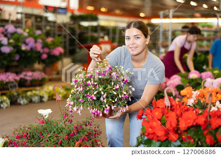 Woman shopping for pot of garden flower at flower shop Woman shopping for pot of garden flower at flower shop 127006886
