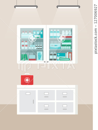 Pharmacy with medicines flat style stock illustration 127006927