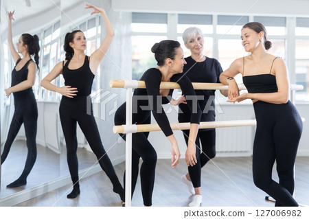 Ballerinas communicate with each other during a break between classes in choreographic studio Ballerinas communicate with each other during a break between classes in choreographic studio 127006982