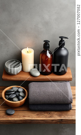 Spa accessories, candle, towel, soap dispenser, massage stones, wooden shelf, relaxation 127007082