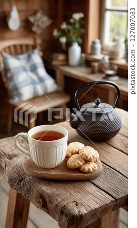 White cup black teapot wooden table cookies cozy rustic natural light home 127007083