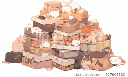 Illustration of a pile of boxes and a cat 127007182