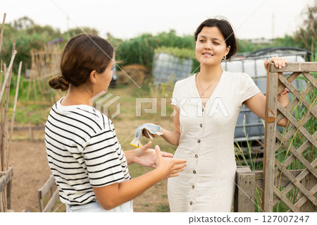 Portrait of talking colleagues in farm. Portrait of talking colleagues in farm. 127007247