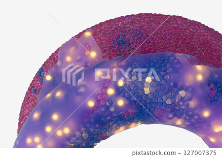 Mixing of jelly particles food, 3d rendering. Mixing of jelly particles food, 3d rendering. 127007375
