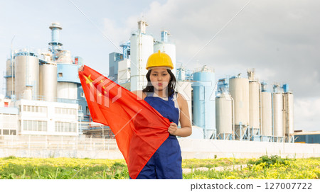 Worried asian girl in work clothes and hardhat with flag of china standing in front of industrial scenery Worried asian girl in work clothes and hardhat with flag of china standing in front of industrial scenery 127007722