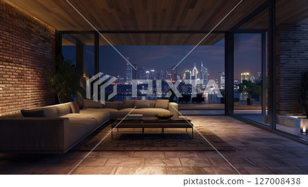 Luxury villa living room with big city night view 127008438