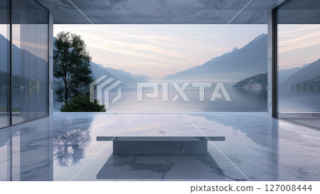 Interior of a luxury marble villa with misty river view 127008444